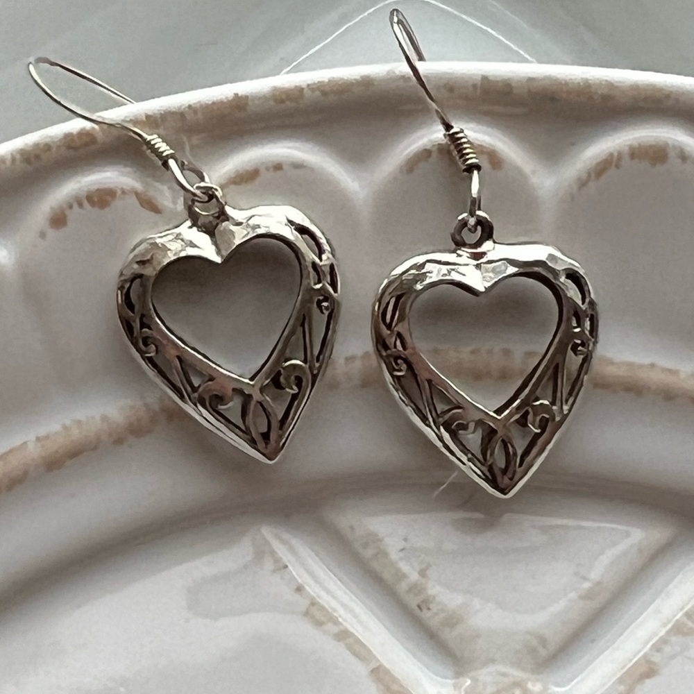 Open Heart Drop Earrings Silver Tone Vintage Style